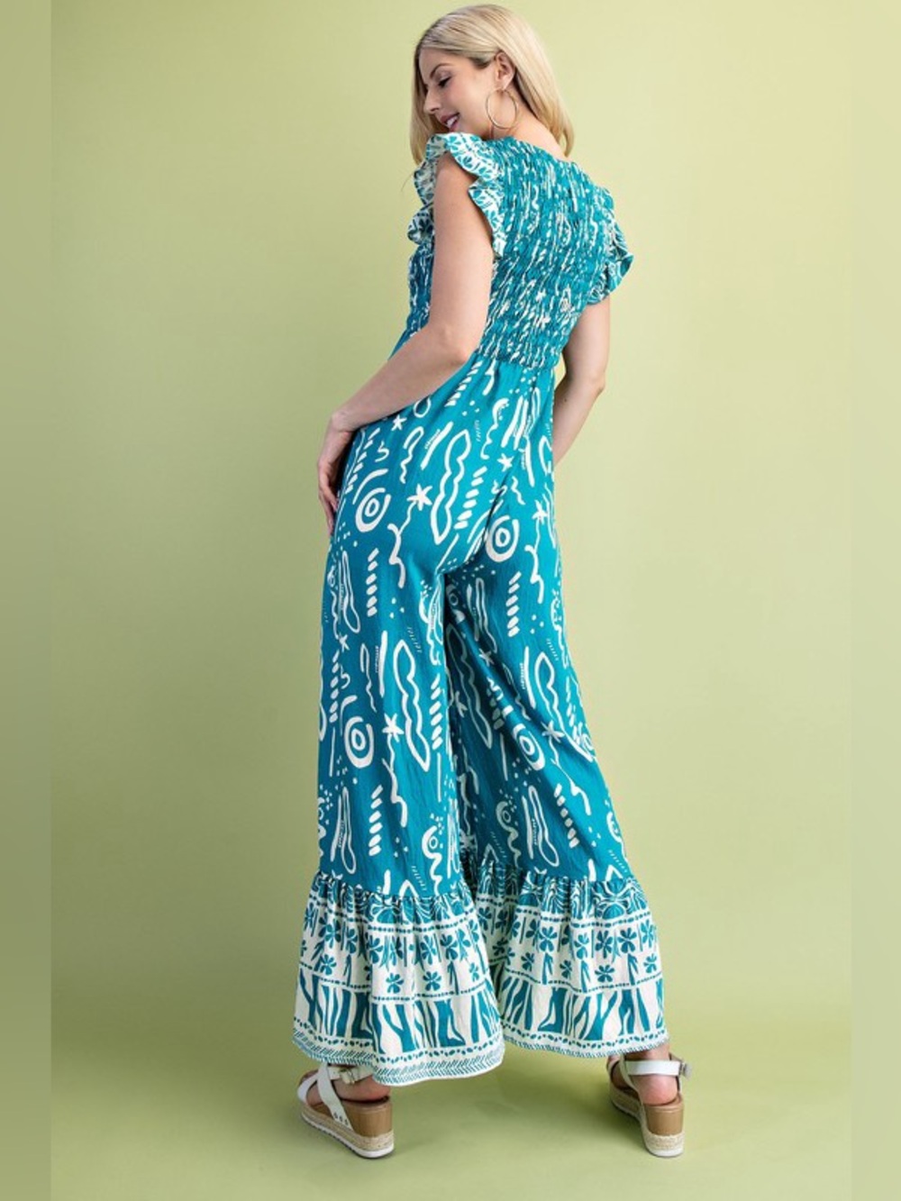 Green Printed Smocked-Waist Wide-Leg Jumpsuit Small NEW - Picture 4 of 6
